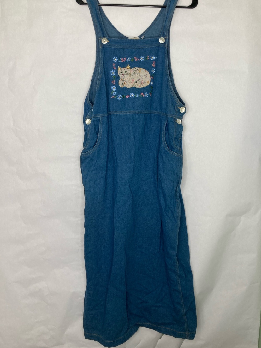 Vintage Winona Women's Medium Denim Overall Dress Embroidered Cat Floral Cottage